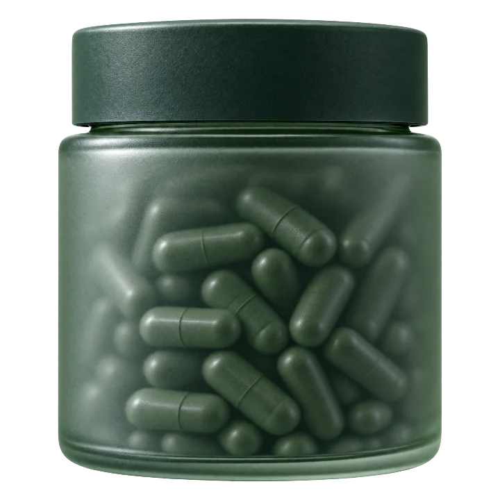 A frosted deep-green glass jar of TN-01 capsules with a matte pine cap
